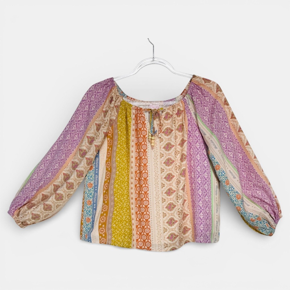 Pink Lily Womens Small Patchwork Floral Boho Blouse Purple Mustard Orange PL3657